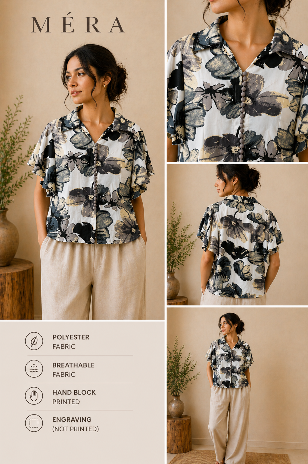 Woman wearing a floral blouse with Méra branding and product details.
