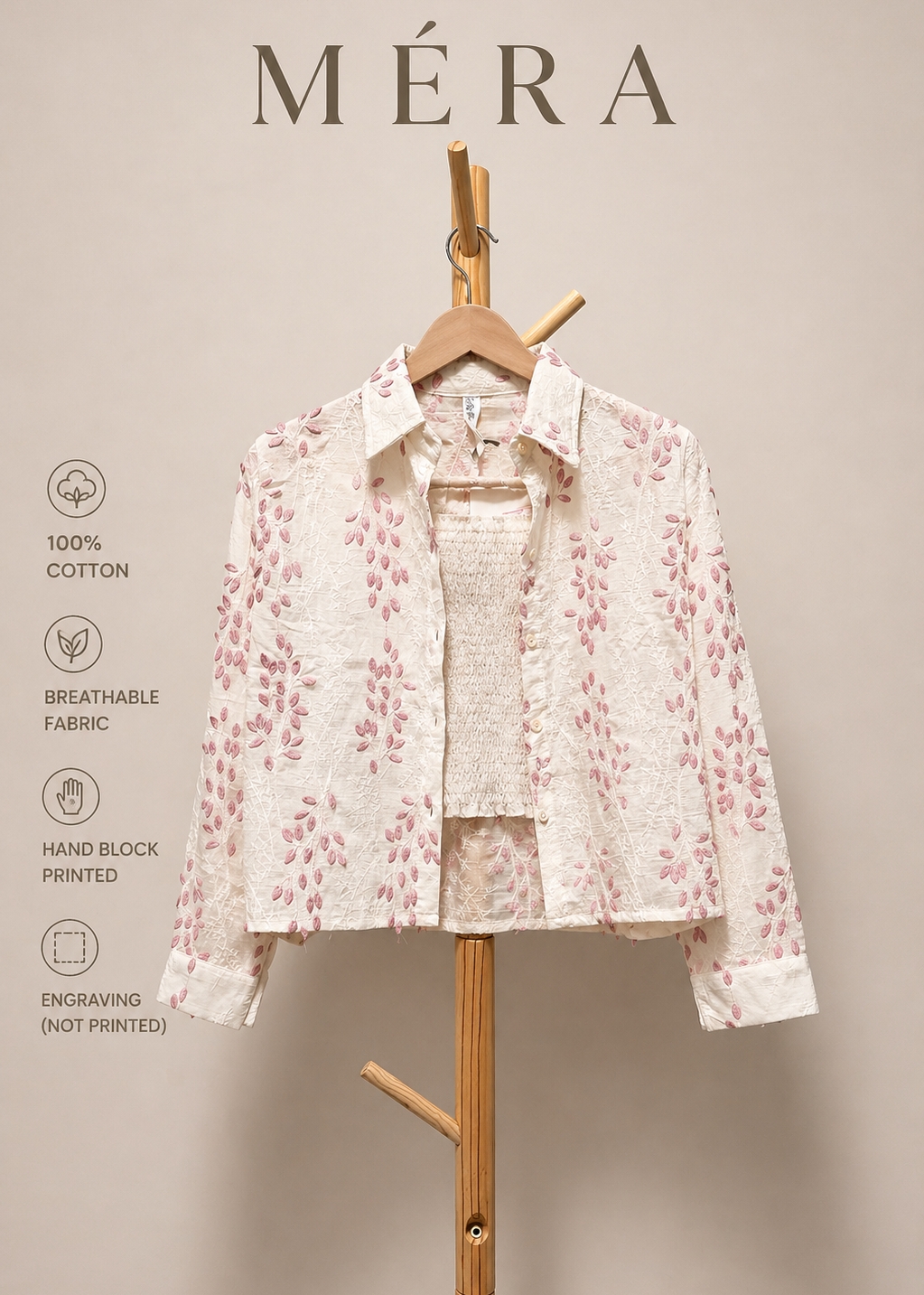 Floral shirt on a wooden hanger with 'Méra' branding and product details on a beige background.