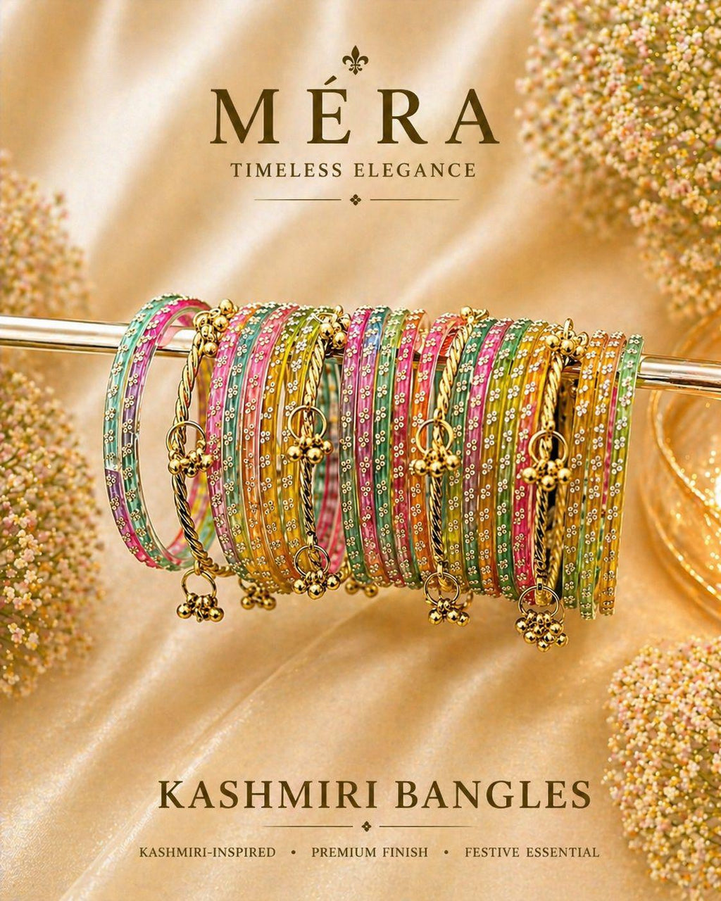 Colorful Kashmiri bangles on a gold background with 'Méra' branding.