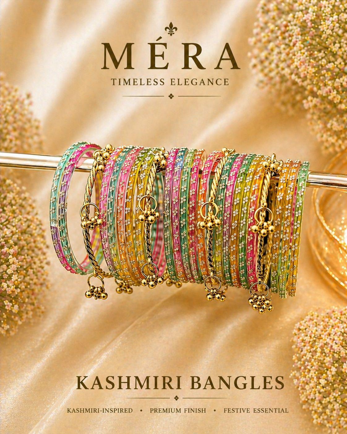 Colorful Kashmiri bangles on a gold background with 'Méra' branding.